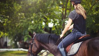 Junges Mädchen mit Rückenprotektor reitet braunes Pferd