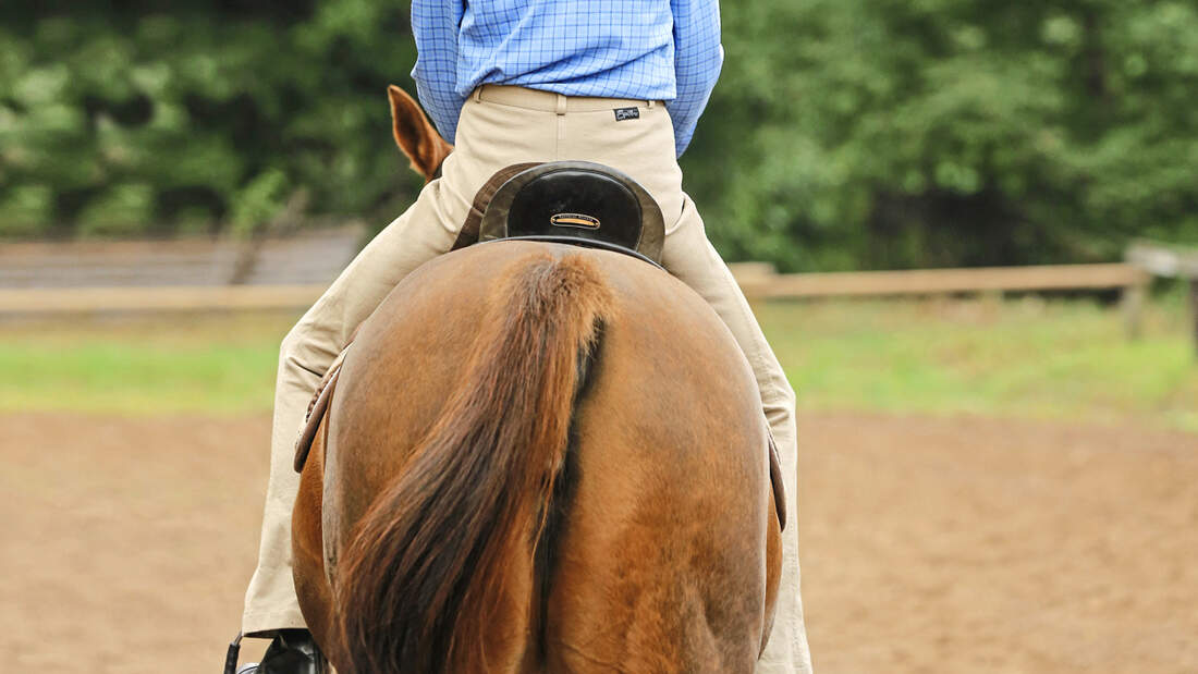 Schiefer Reiter auf einem Pferd von hinten